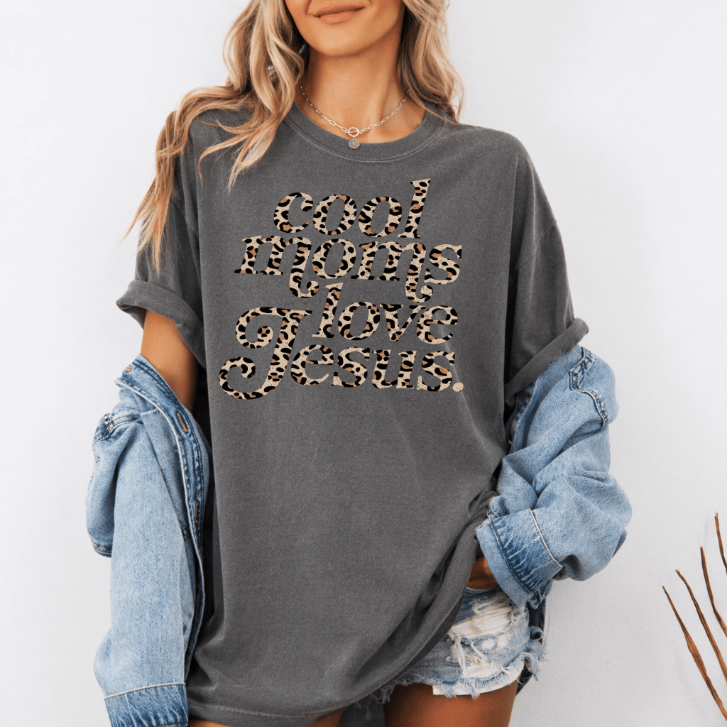 Retro Leopard Cools Mom Love Jesus Comfort Colors T-Shirt – Christian Faith Gift, Bible Verse Tee - detail view